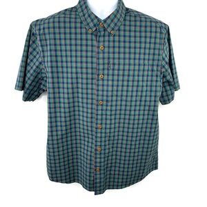 Duluth Untucked Green and Blue Plaid Short Sleeve Button Down Relaxed Fit Large